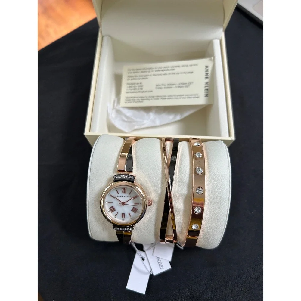 Anne Klein AK/2245GYST Rose Gold Gunmetal Crystal Watch Bracelet Set NWT Box